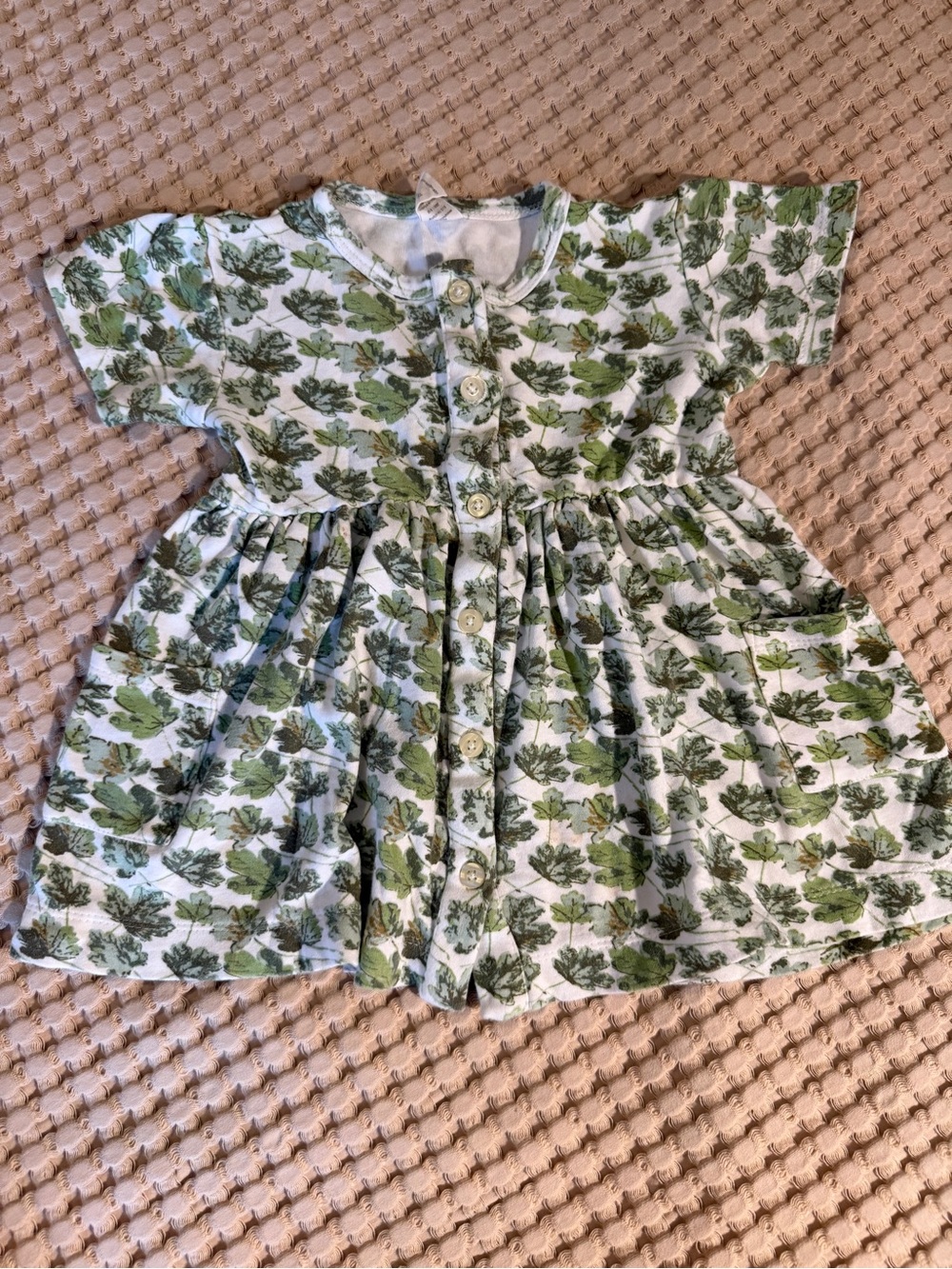 Kate Quinn short sleeve button front organic cotton dress green leaves